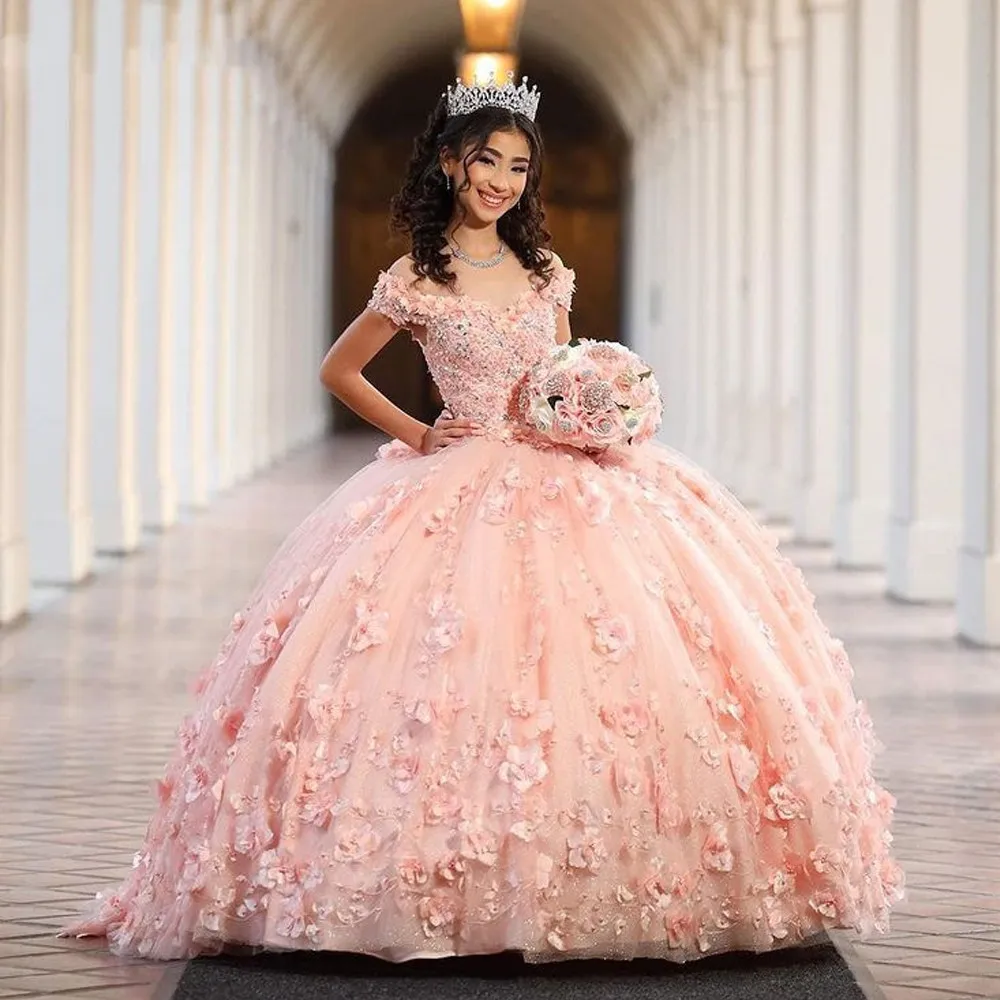 Robes De Quinceanera rose pêche chérie robes De 15 Anos 3D fleur Tulle à lacets corset doux 16 princesse robe De soirée