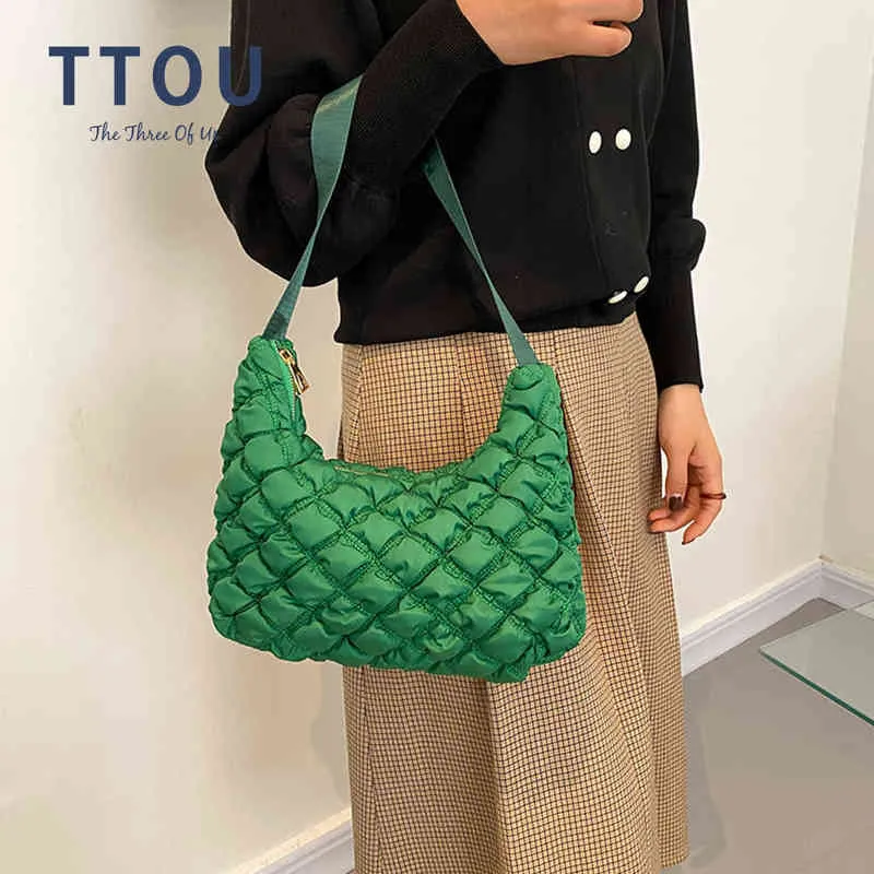 Torba wieczorowa moda w kratę zielone puffane ramię designer kosmiczny bawełna torebka kobieta puszysta kołdra Tote s Winter nylon wyściełany kuper 0623