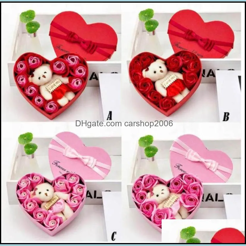 NEWNew 2020 Valentines Day Flowers Soap Flower Gift Rose Box Bears Bouquet Wedding Decoration Gift Festival Heart-shaped Box RRE12015