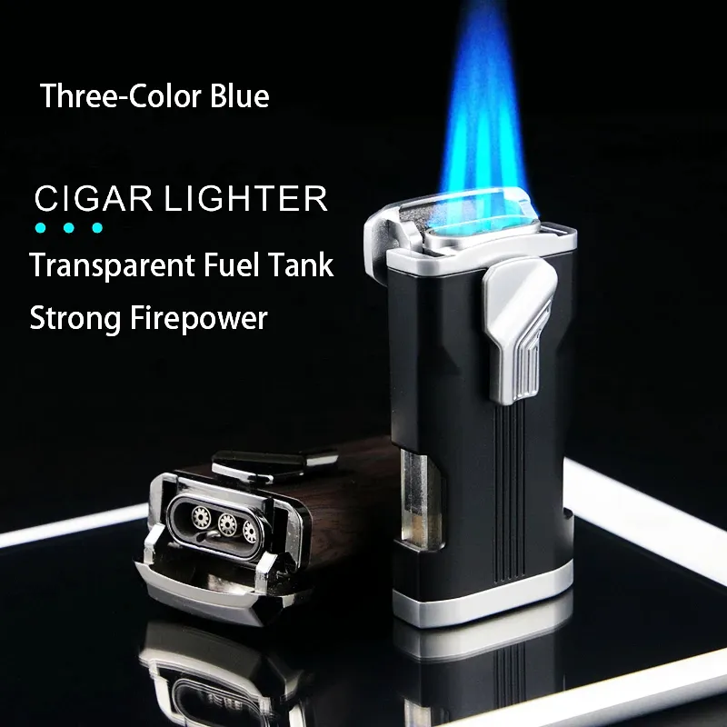 Nouveau Coupe-Vent Cigarette Triple Torche Pistolet Briquet Jet Métal Tuyau Allume-cigare Cutter Gaz Butane Gonflable Briquet Allumeur Hommes Gadgets