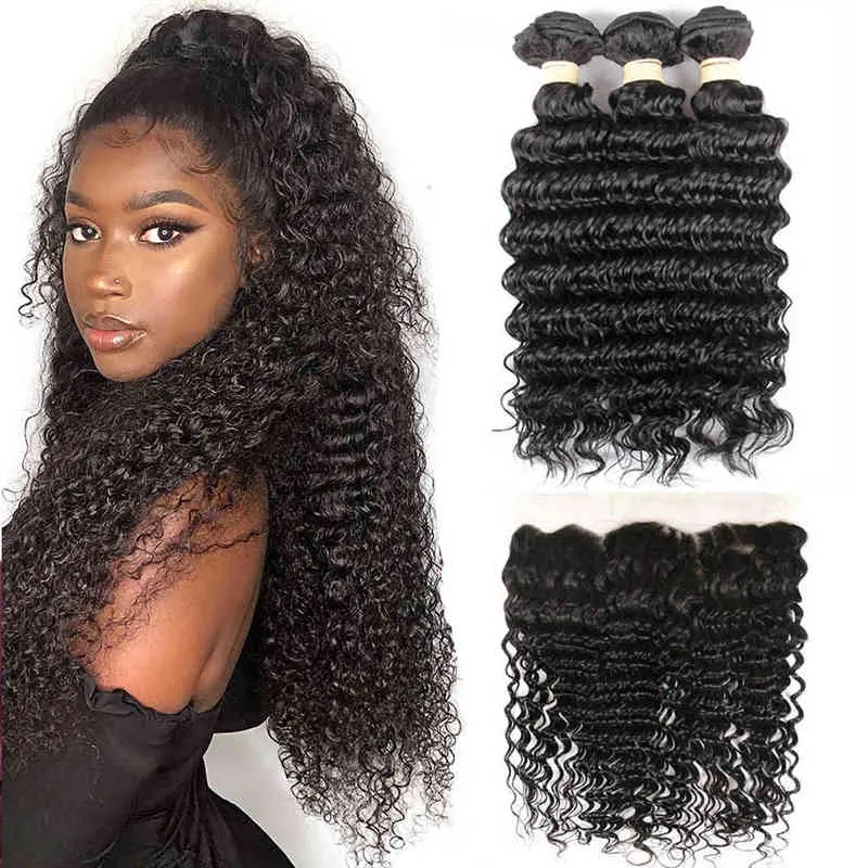 BEAUDIVA Deep Wave Brazilian Hair Weave 3 4 Bundles With 13X4 Lace Frontal Brazilian Deep Curly Double Weft Bundle And Closure 220719