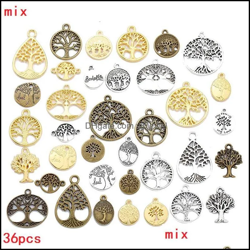 charms 36pcs/lot mix tree of life metal zinc alloy fit jewelry pendant for diy necklace bracelet making findingscharms