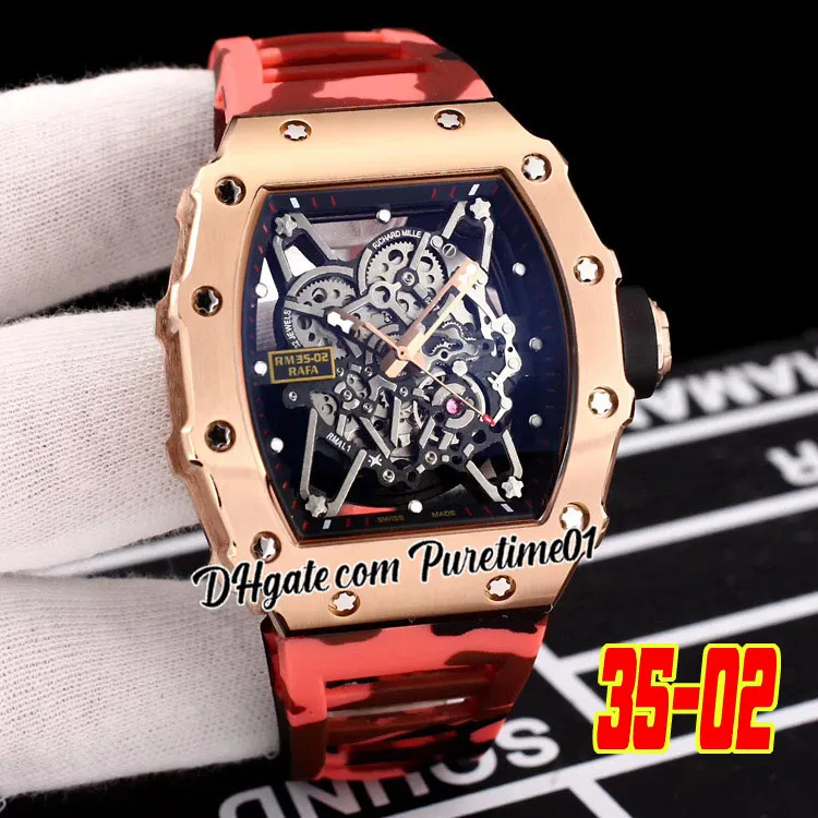 DHgate 2024 RicharMill Fashion Luxury Watches Rafael Nadal Automatic Mens Watch Rose Gold Skeleton Dial Orange Gray Camouflage Rubber Strap Swiss ZF Factory Watches