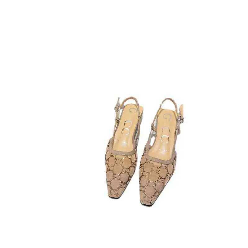 2022 g family spring and summer versatile new hot water diamond cat heel empty sandals women's mesh Baotou middle heel sandals