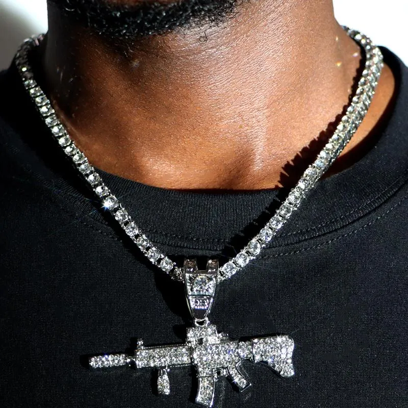 Chains Fashion Bling Iced Out 5mm Tennis Chain Necklace For Women Men With Submachine Gun Pendant Hip Hop Rapper Jewelry GiftChains