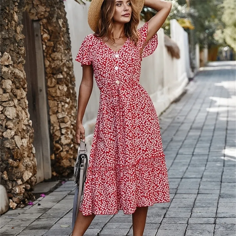 Women's Floral Print Long Midi Dress with Sleeves for Summer Vacation Boho Floral Summer Dress: Stylish V Neck Long Maxi Dress For Women, Perfect  For Beach Vacations And Parties From Cong03, $14.1 In Bulk | DHgate.Com