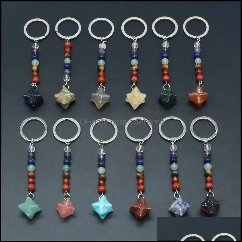 Key Rings Jóias Chakra Natural Chakra Keychain 7 Chakras Chain Holder Merkaba Star Crystal Pingying