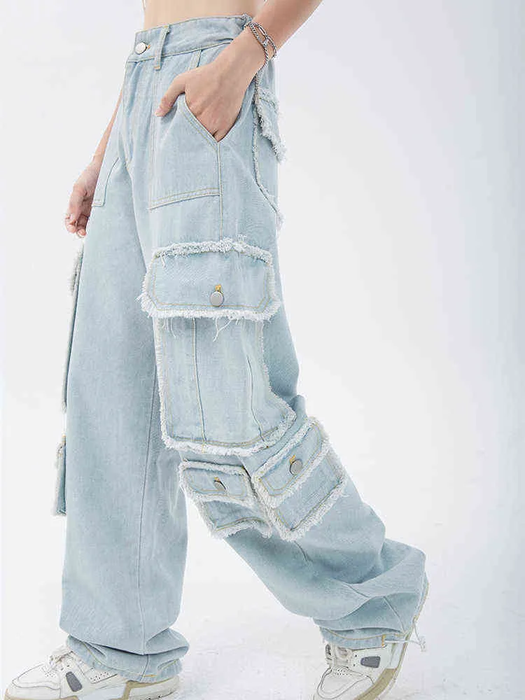 Lichtkleurige gereedschap jeans dames zomer Amerikaans retro ontwerp multi-pocket hoge taille wijd been neutrale denim broek vrouwelijk T220728