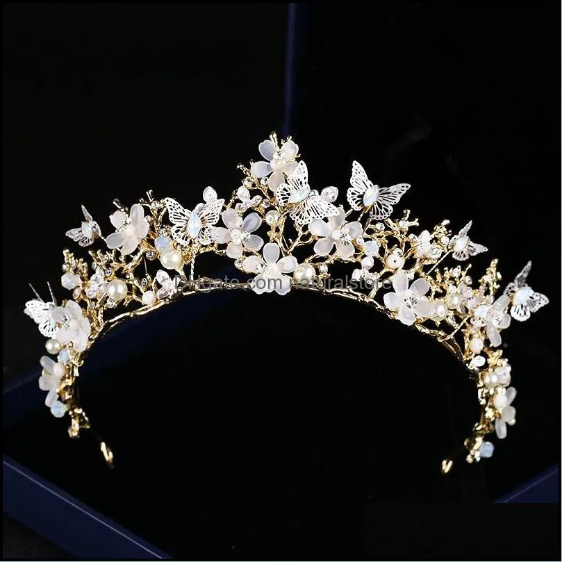 Hårklipp Barrettes smycken bröllop krona barock pärla strass huvudband fjäril hårband brudtillbehör prinsessor droppleverans