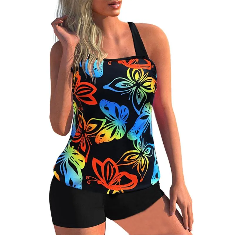 Women's Swimwear Butterfly Swimsuit Women Two Piece Set 2022 Tankini Swimsuits Floral Printed Straps Tops And Boxers Womens ClothingWomen's