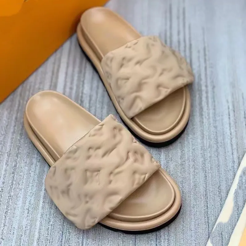 Almohada para la piscina Sandalias cómodas Zapatillas de lujo con tobogán al atardecer Sandalias de moda de cuero de nylon para hombres y mujeres Zapatillas de playa de alta calidad con caja NO356