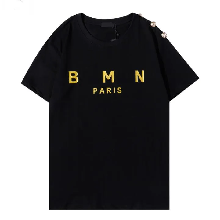 Sommaren 2022 Paris modedesigner high-end T-shirt ärm T-shirt dam Dam knapp Balmaim tryckt Harajuku mäns par stil bomullsskjorta med rund krage