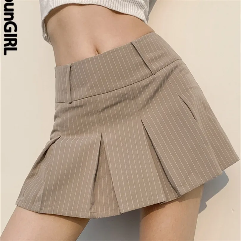 HEYounGIRL Tenis de color caqui Mini faldas plisadas Mujer Casual Rayas Pantalones cortos de cintura alta Faldas Verano Estilo preppy Moda coreana 220701