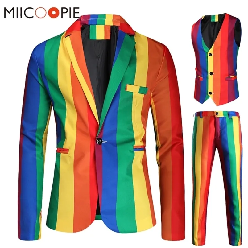 Blazer Set Mannen Regenboog Gestreepte Print BlazerPantsVest 3 Stuks Prom Pakken Voor Mannen Kostuum Homme Party Blazer Masculino 4XL 220817