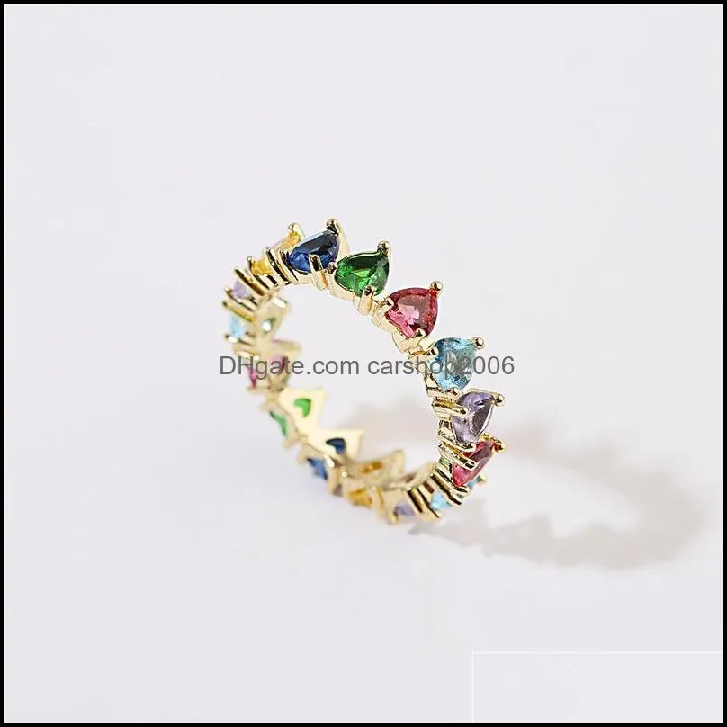 Fashion Rainbow Heart Baguette Rings Eternity Trendy Engagement Wedding Stack Ring for Women Lovely Heart Crystal Rings Jewelry Gift