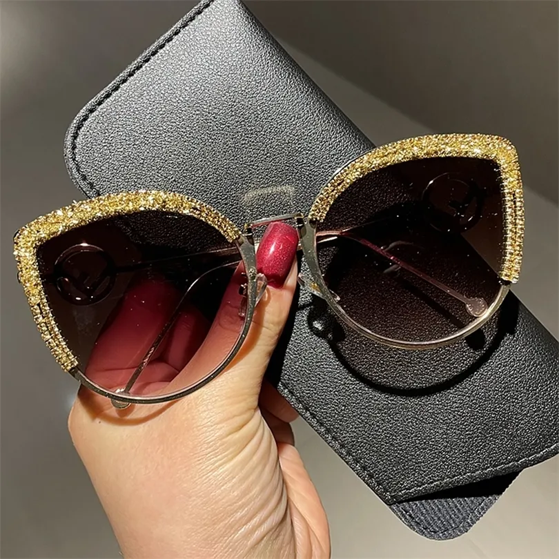 Cat Eye Sunglasse Fashion Brand Designer Sunglasses Female Bling Stones Decoration Handmade eyewear De Sol 220429