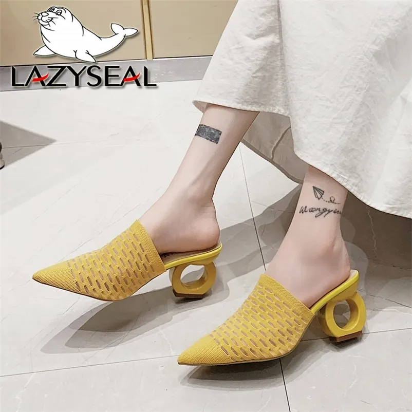 Lazyseal 7cm fretwork 발 뒤꿈치 뾰족한 발가락 슬리퍼 여성 신발 스트레치 직물 에어 메쉬 노새 플로프 플롭 슬립 플러스 크기 43 220526