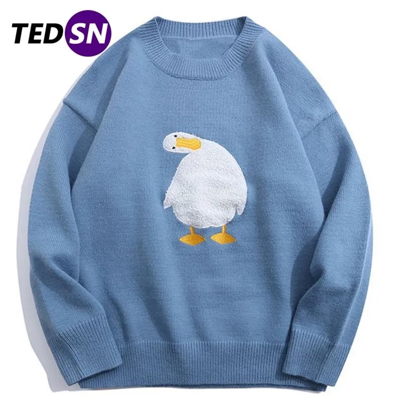 TEDSN Pull en tricot col roulé canard oie hommes femmes dessin animé style coréen pull Harajuku pull streetwear surdimensionné hiver 220815