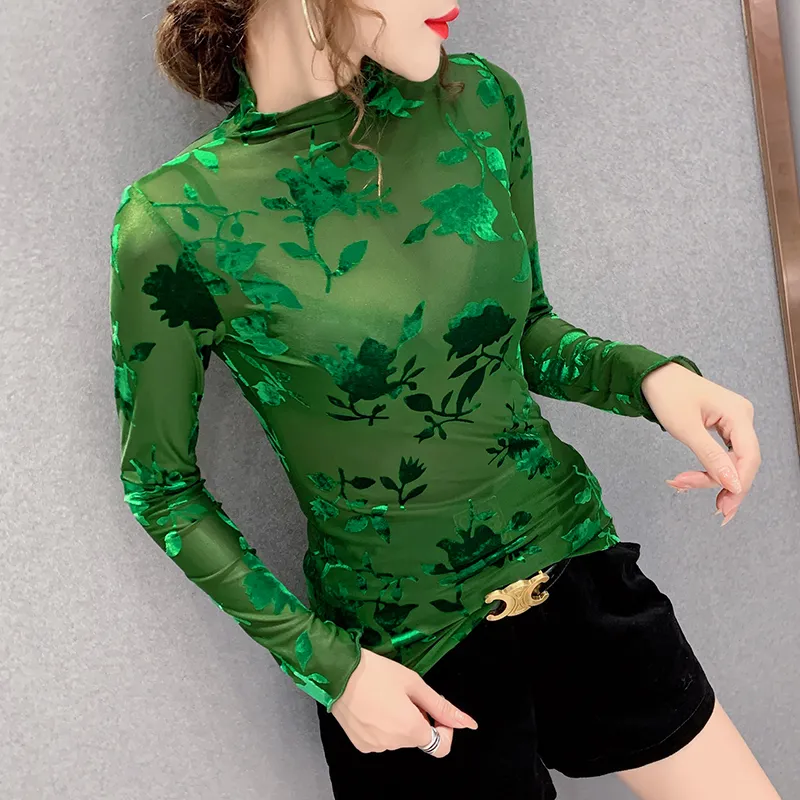 Maglietta trasparente verde nera Maglietta floreale sexy in rete Dolcevita femminile Maglietta casual Maglietta aderente alla moda femminile S-3XL
