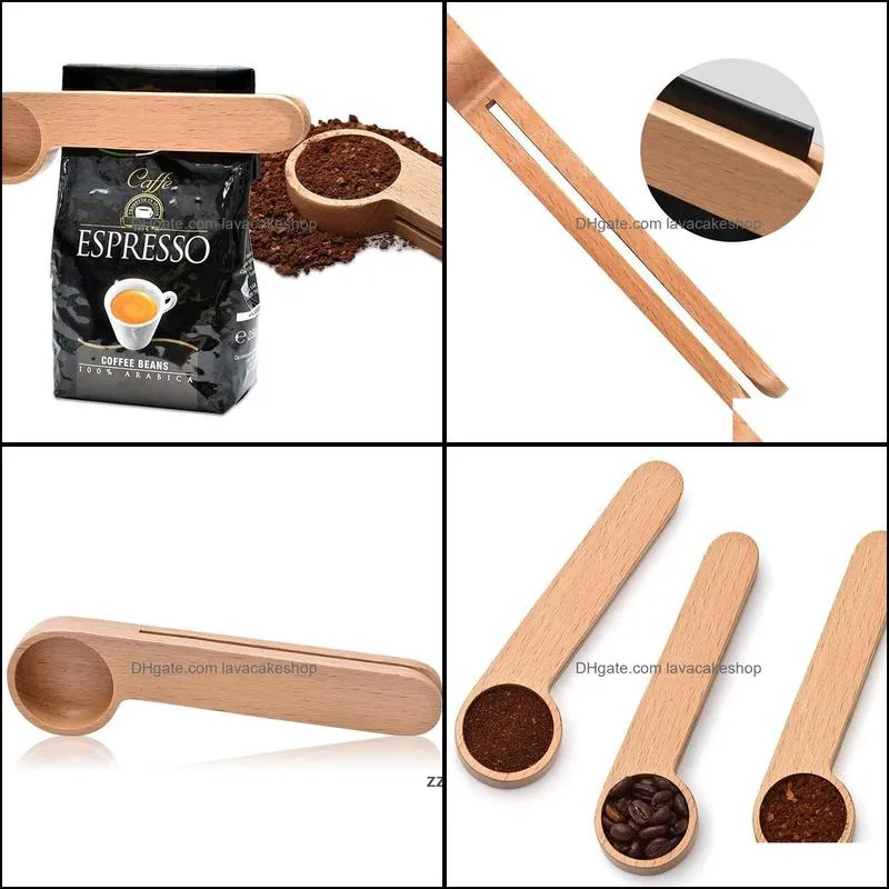 Spoon Wood Coffee Scoop With Bag Clip Tablespoon Solid Beech Wooden Measuring Scoops Tea Bean Spoons Clips Gift