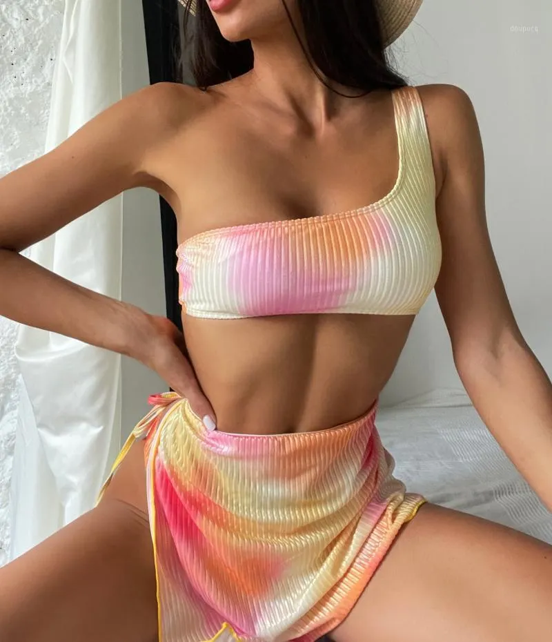 Tie Dyed Jupe Bikini Une Bandoulière Maillot De Bain Dames Imprimé Split Maillots De Bain Trois Pièces Ensemble Pour Les Femmes Maillot De Bain Cover Up Femmes