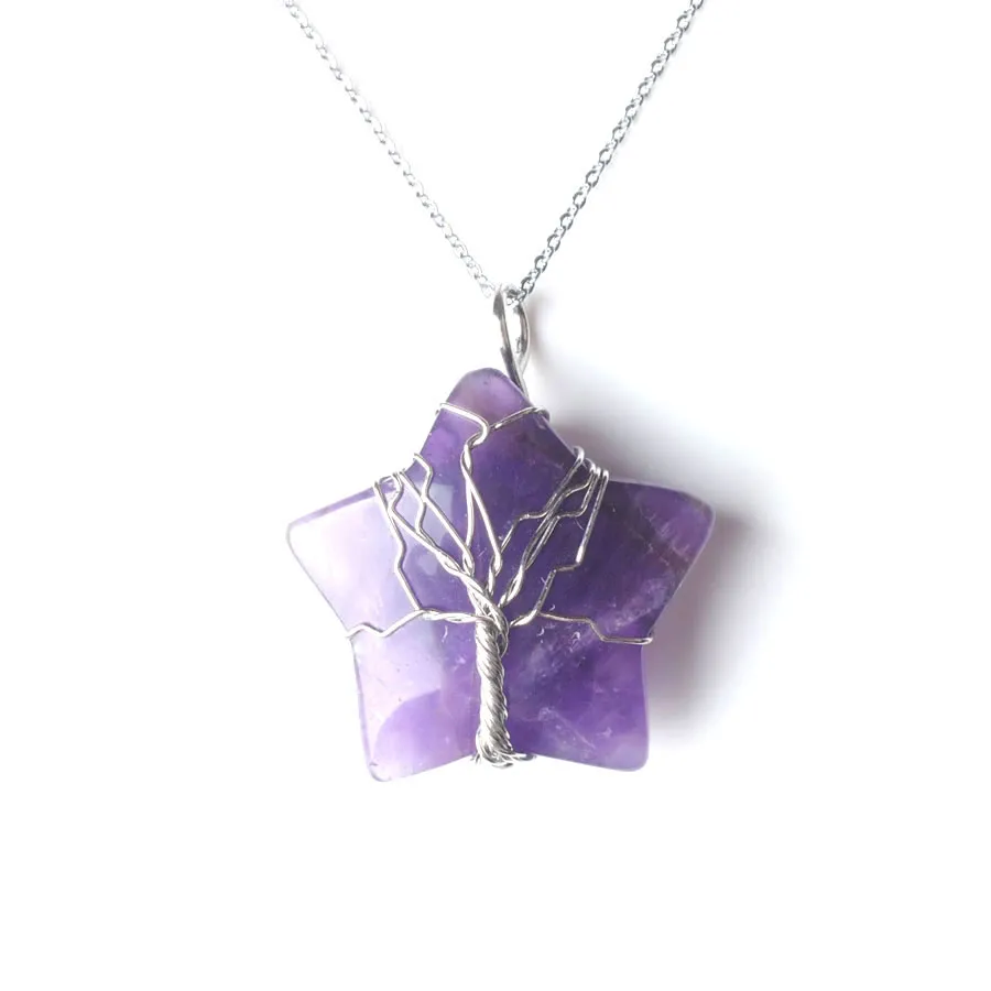 WOJIAER pendentif arbre de vie pierre naturelle fil d'argent enroulé pentagone étoile gemme oeil de tigre BO974