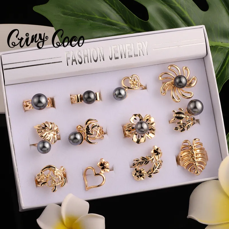 SALE Cring Coco Pearl Rings Hawaiian Polynesian Wholesale Price Gold Plated Flower Sea Turtles Ring Set Jewelry for Women Gifts 220803