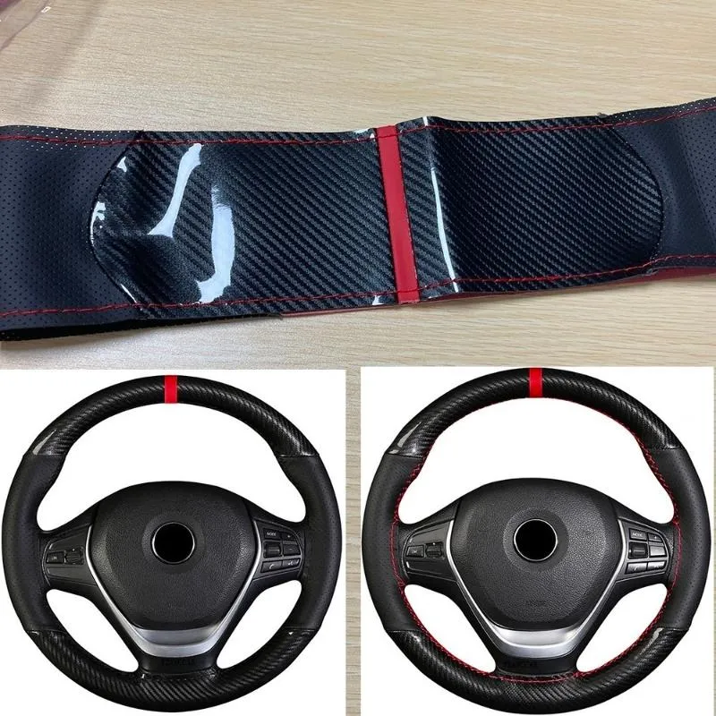 Steering Wheel Covers 38cm Red Mark Crystal Carbon Fiber Leather Wear-resistant Non-slip Hand-stitched Sport Style Cover