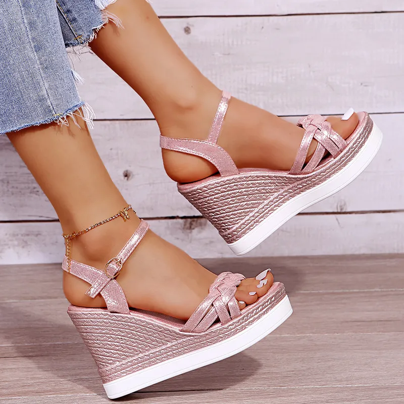 Chunky Wedge Sandals Open Toe Strap Up Heel Gold Silver Pink