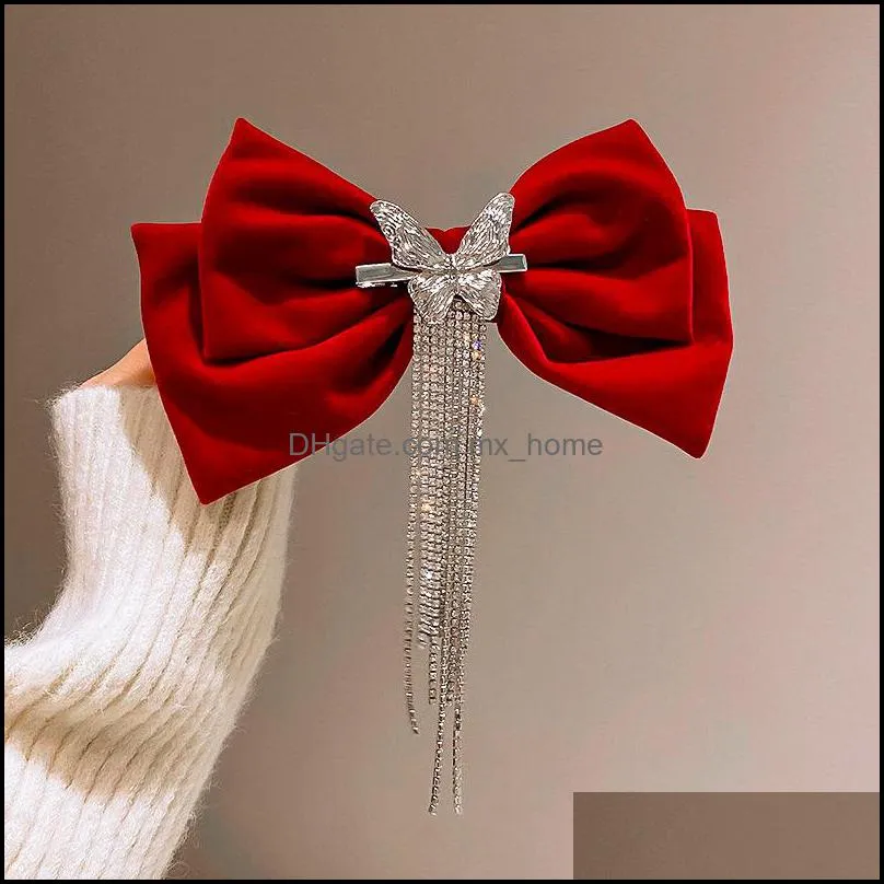 korean fashion female hairpheaddress temperament exquisite rhinestones tassel large bow spring clip hair accessories