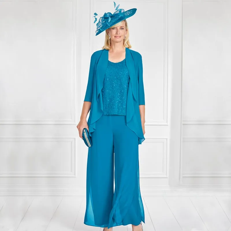Kungliga Blå Tre Pieces Lace Mödrar Byxor med långärmad jacka Scoop Neck Pantsuits Chiffon Groom Mother Outfit