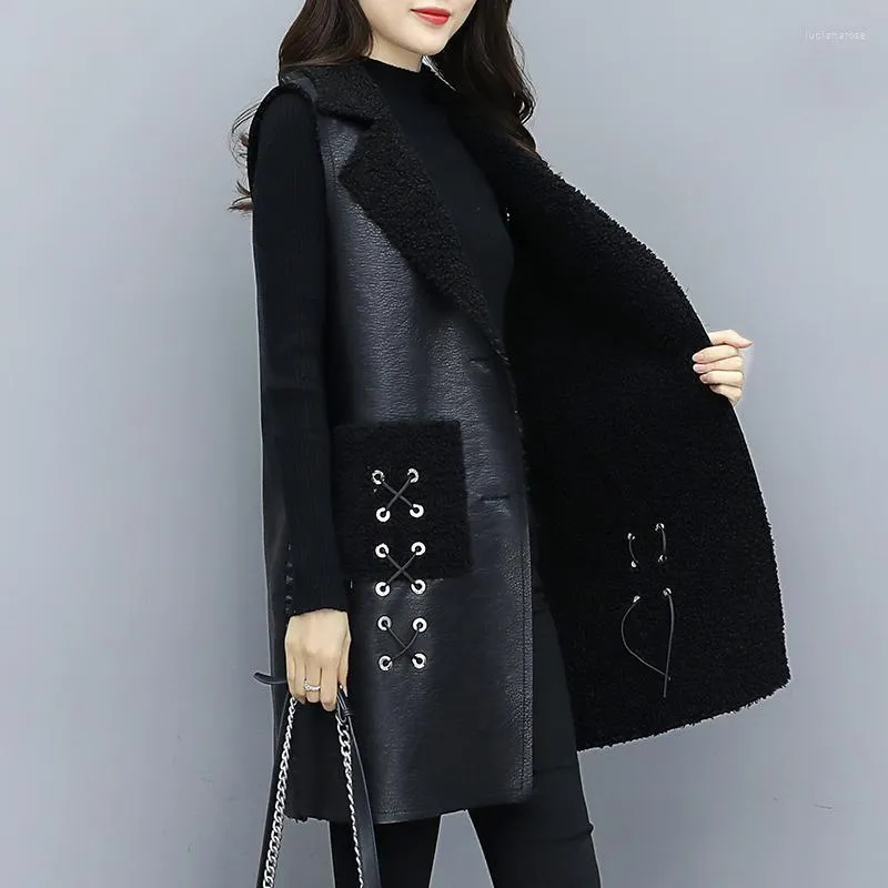 Damesvesten 2022 Herfst Winter Black Lamb Wol Vest Vrouw Vrouwen plus Sze Sze-mouwloze fluwelen Velvet Warm Leather Vestcoat Luci22