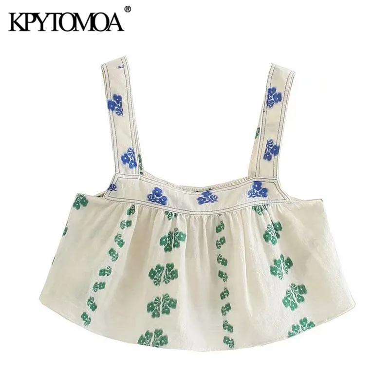 kpytomoa女性ファッション花柄の刺繍クロップドタンクトップヴィンテージバックエラスティックワイドストラップ女性キャミスミュージャー220331