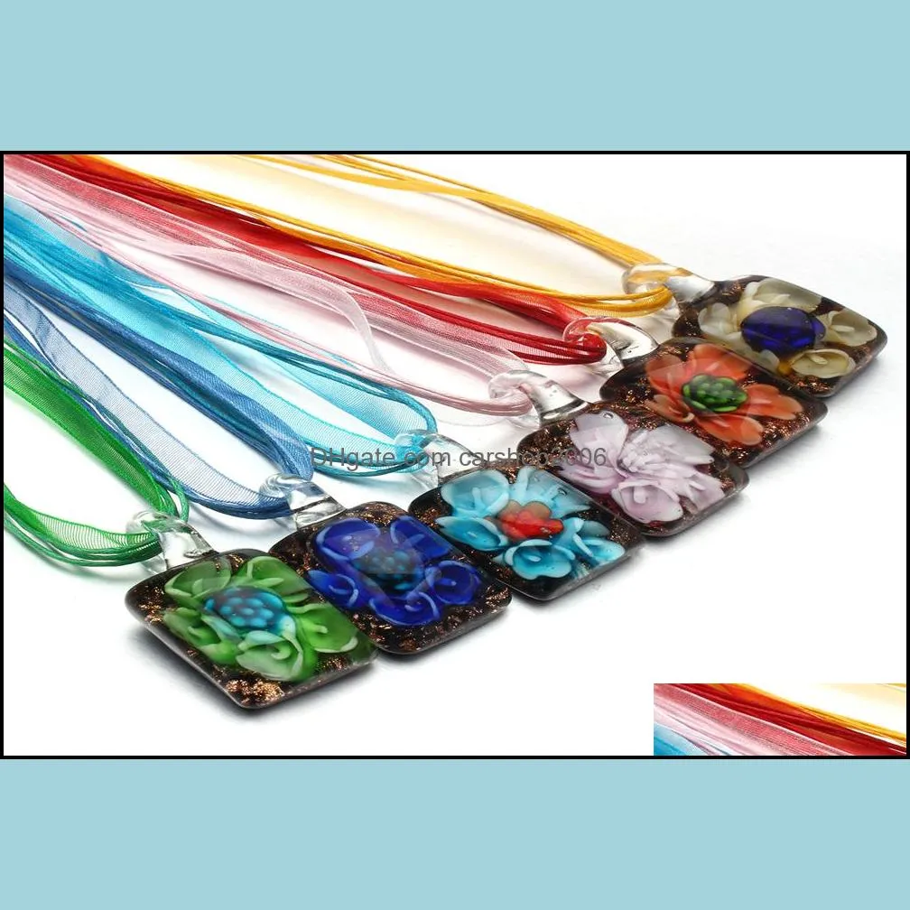 6pcs mixed color jewelry glass flower square murano lampwork pendant with silk rope necklaces