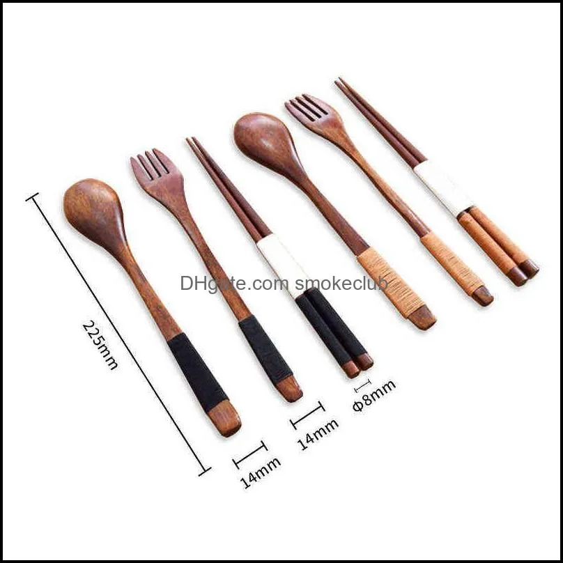 Tableware Portable Wood Wooden Cutlery Sets Travel Dinnerware Suit Environmental with Cloth Pack Gifts Set 0221