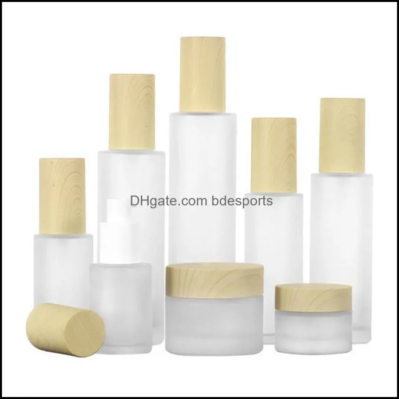 Frosted Glass Bottle Cream Jar with Imitated Wood Lid Lotion Spray Pump Bottles Portable Cosmetic Container Jars 20ml 30ml 40ml 50ml 60ml 80ml