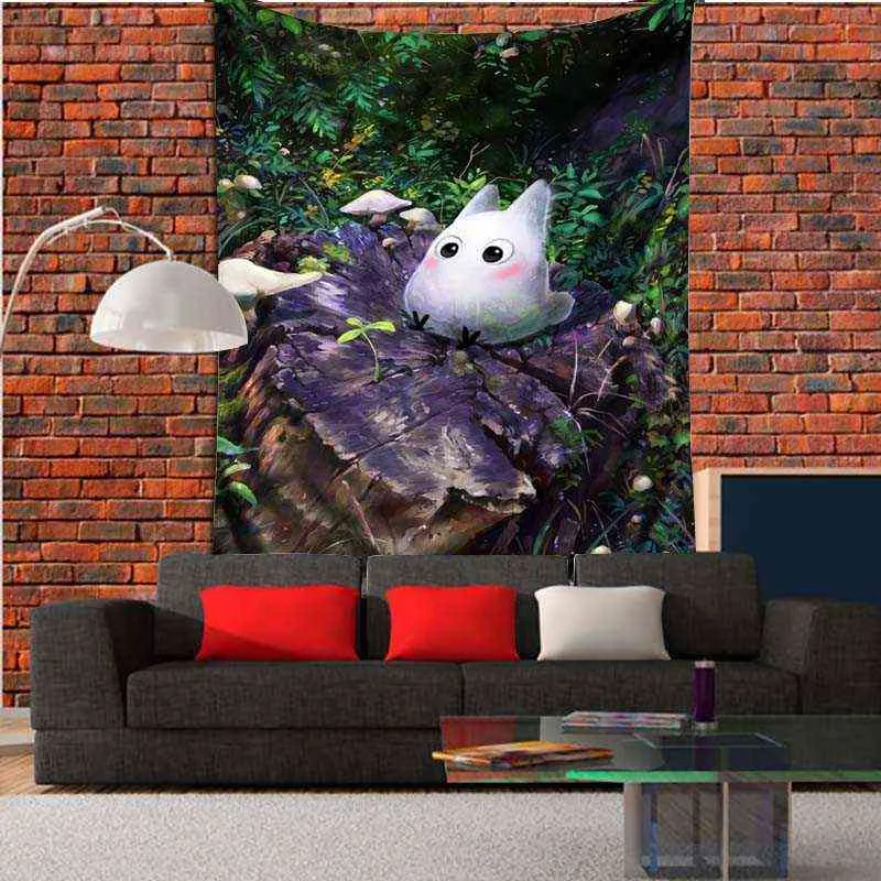 Anime Witchcraft Cartoon Art Style Mandala Kawaii Totoro Print polyester mattvägg hängande för sovrum vardagsrum tapiz j220804