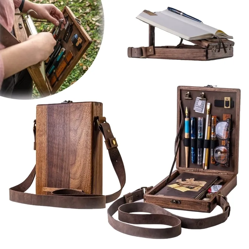 Boîte en bois de messager d'écrivains, boîte de rangement multifonctionnelle pour outils d'artiste et pinceaux, sac de facteur à bandoulière portable en bois rétro fait à la main 220331