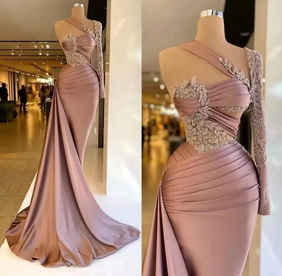 Gorgeous One Shoulder Satin Mermaid Evening Dresses Long Sleeve Appliques Beaded Ruched Women Evening Pageant Prom Gowns BC14119