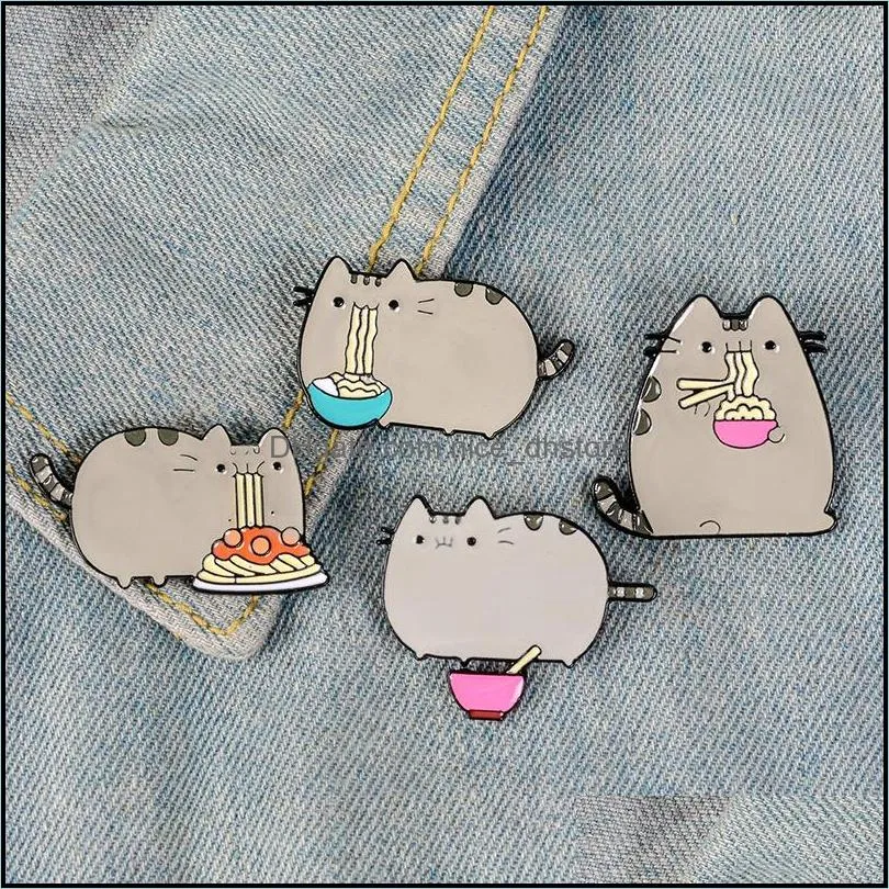 creative cartoon animal cat eating noodle enamel brooch alloy badge shirt bag pins accessories women jewelry gifts for friends