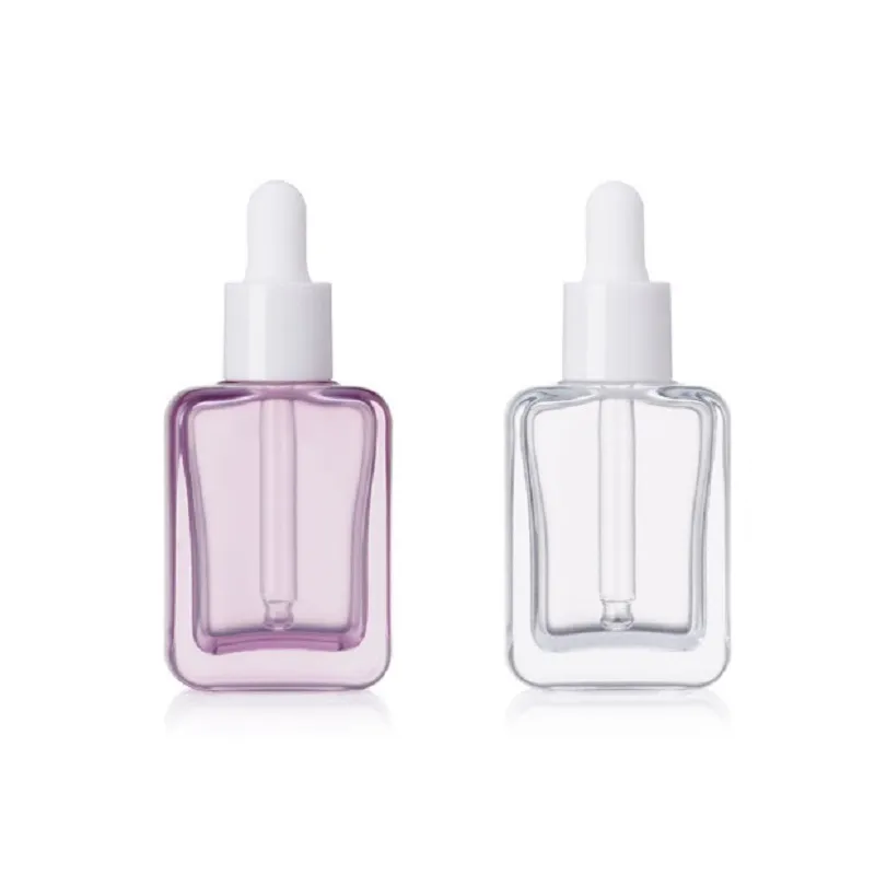 Bottiglie contagocce in vetro quadrato piatto viola trasparente Essenza Sub-imbottigliamento Bottiglia di profumo di olio essenziale 30 ml 1 oz