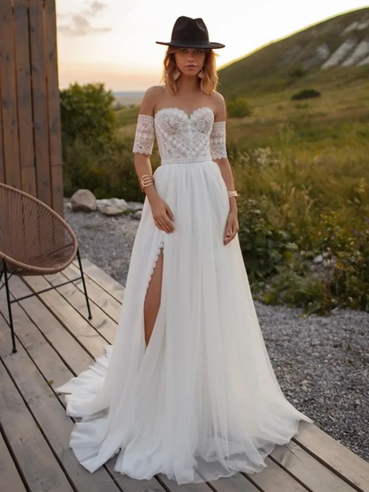 Элегантное сексуальное A-Line простое свадебное платье, милая, без спинка, кружевные аппликация, расколотое свадебное платье Бохо шифоновое платье