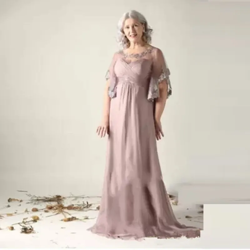 Plusstorlek 2022 Brudens morklänningar Kortärmad Lace Appliqued Chiffon Long Aftonklänning för bröllop