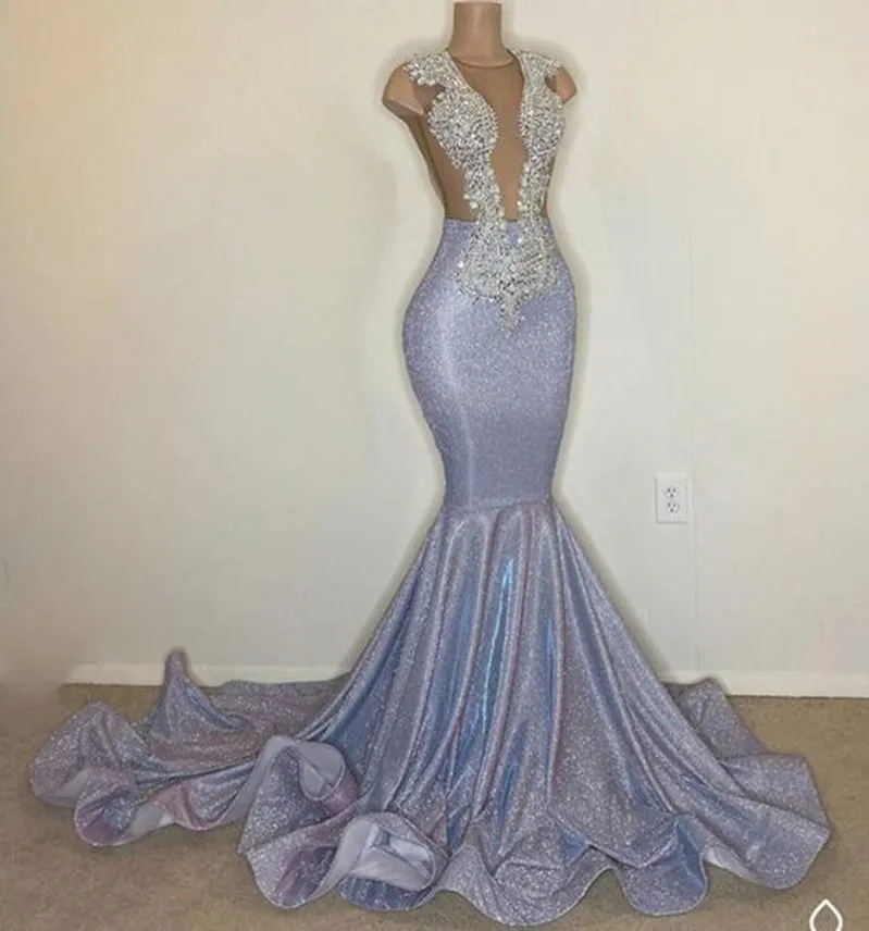Svart tjej African Sequin Silver Prom Klänningar 2022 Ny Sexig Backless Kvällstorkar Sparkly Applique Lace Reflective Celebrity Dress Mermaid