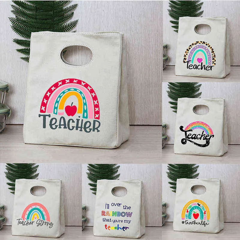 Rainbow Teacher Print Portable Lunch Box Bags Thermal Isolated Bento Tote Office School Food Cooler Storage Pouch Teacher Gifts Y220524