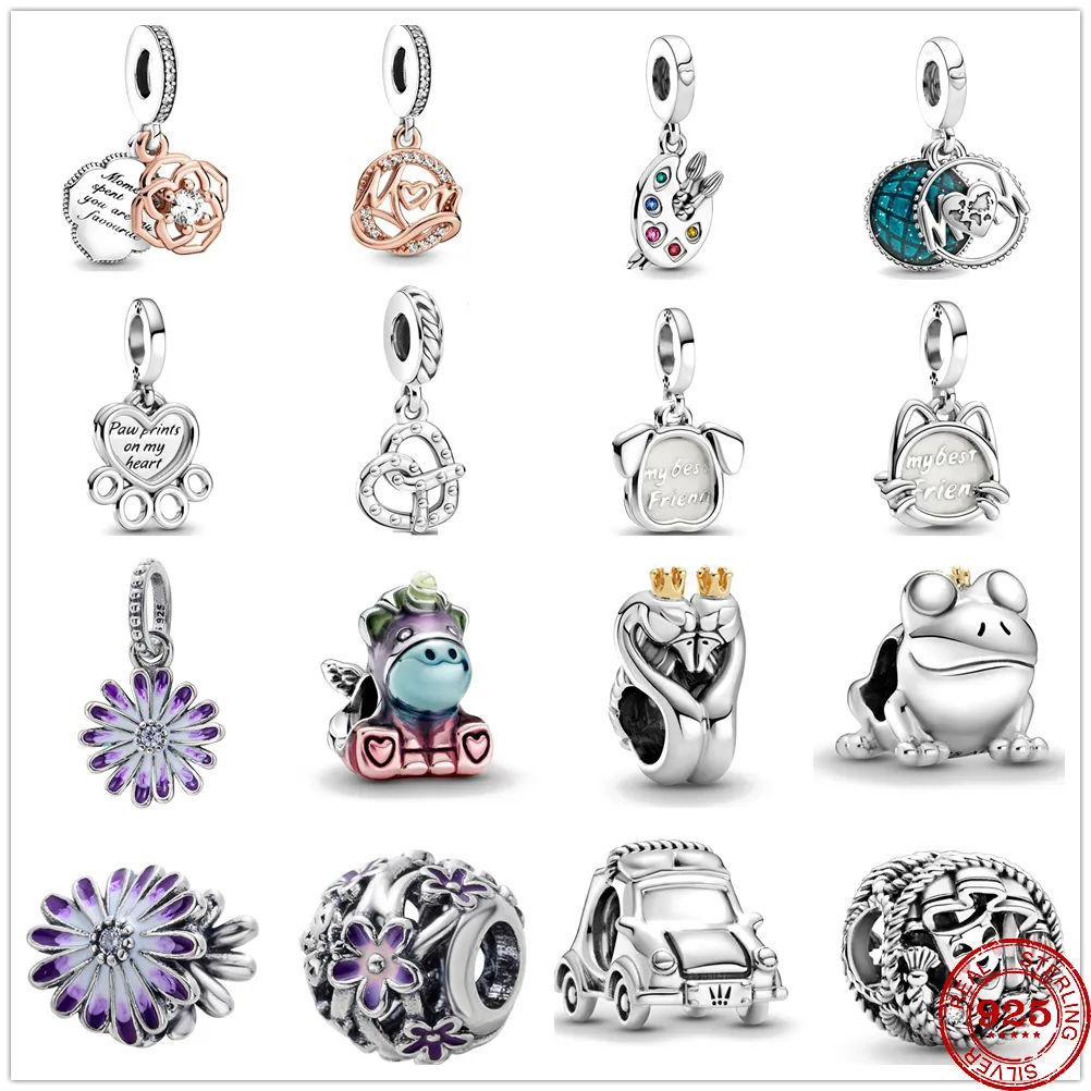 925 Sterling Silber Baumeln Charm Lila Gänseblümchen Frosch Katze Hund Auto Perlen Bead Fit Pandora Charms Armband DIY Schmuck Zubehör