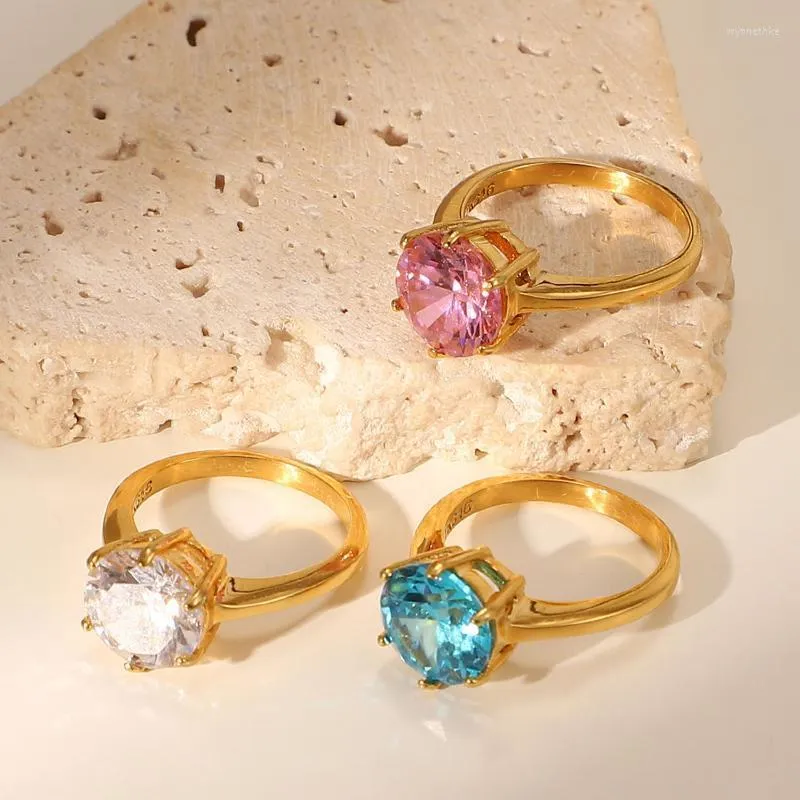 Wedding Rings Stainless Steel Round Multiple Color Zircon For Women Girls Vintage Elegant Waterproof Jewelry Engagement Wynn22