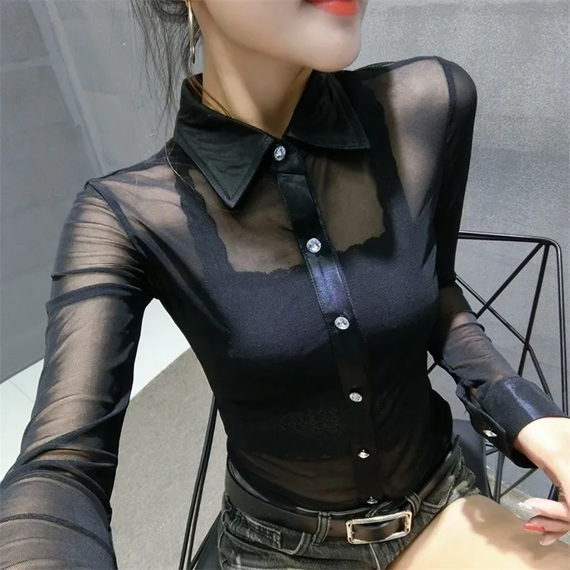 Mesh Transparent Blouse shirt Cardigan Long Sleeve Slim Womens Tops Nightclub See Through Women Top Sexy women Shirt 196C3 210308