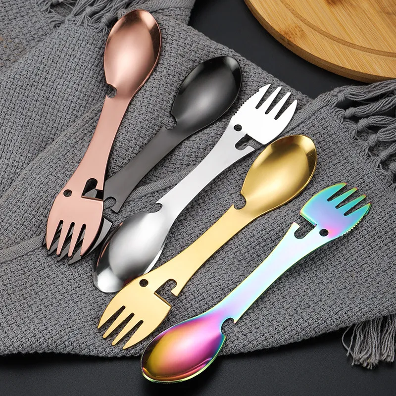 Multiherramienta portátil Cubiertos Abrelatas Campamento Spork Cubiertos Utensilio Botella Picnic Vajilla de acero inoxidable Tenedor Cuchara LX4980