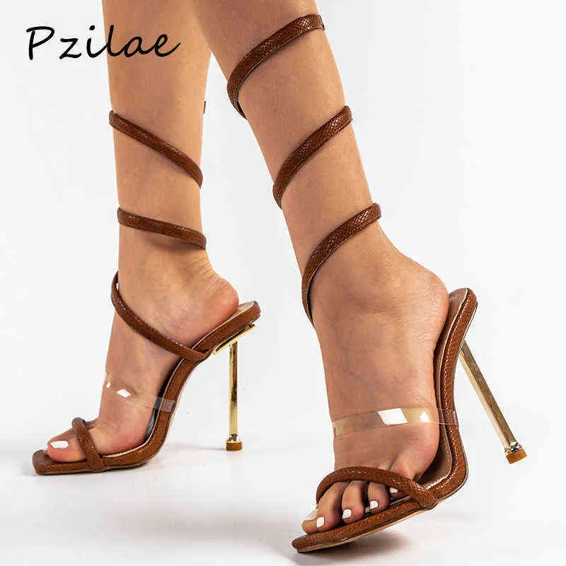 Sandales Pzilae nouvelles femmes mode métal talons hauts cheville Wrap dames chaussures bout carré femme pompes été femme 2022 220704